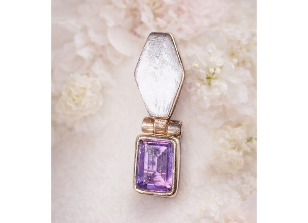 Sterling Silver Purple Sapphire Hinged Pendant 1 inch Stamped 925 Emerald Cut